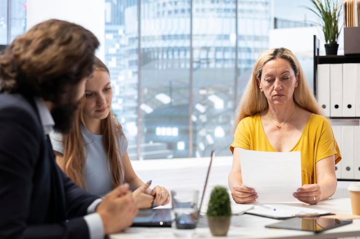 A woman in a yellow top reading through a printed document at her desk