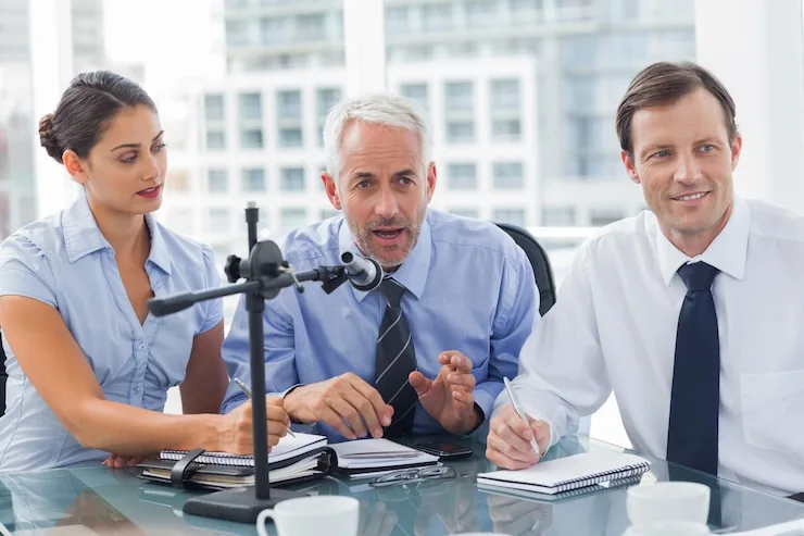 Three people seated at a table with a microphone, one of them speaking