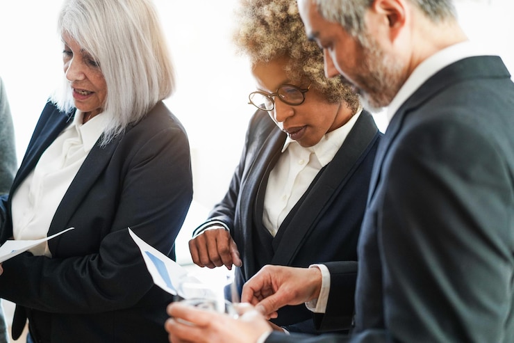 Three colleagues looking over printed papers together